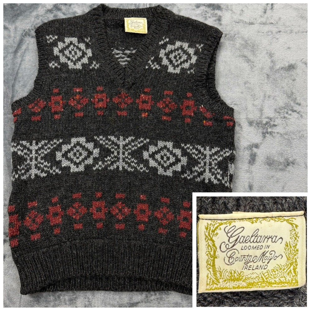 Gaeltarra Vintage Wool Sweater Vest Mens 38 Grey Red Fair Isle Made‎ in Ireland
